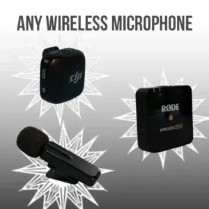 An image of three wireless microphones with white starburts behind them.