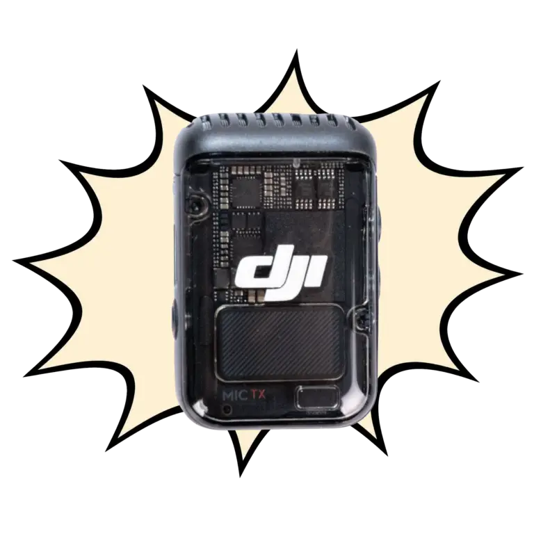 A graphic comic book style star with a photo of the DJI wireless microphone posted over it.