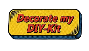 A rectangle with yellow background and blue trim that has words in red lettering that reads, "Decorate my DIY-Kit"