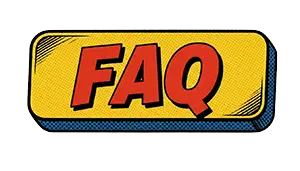 A rectangle with yellow background and blue trim that has words in red lettering that reads, "FAQ"