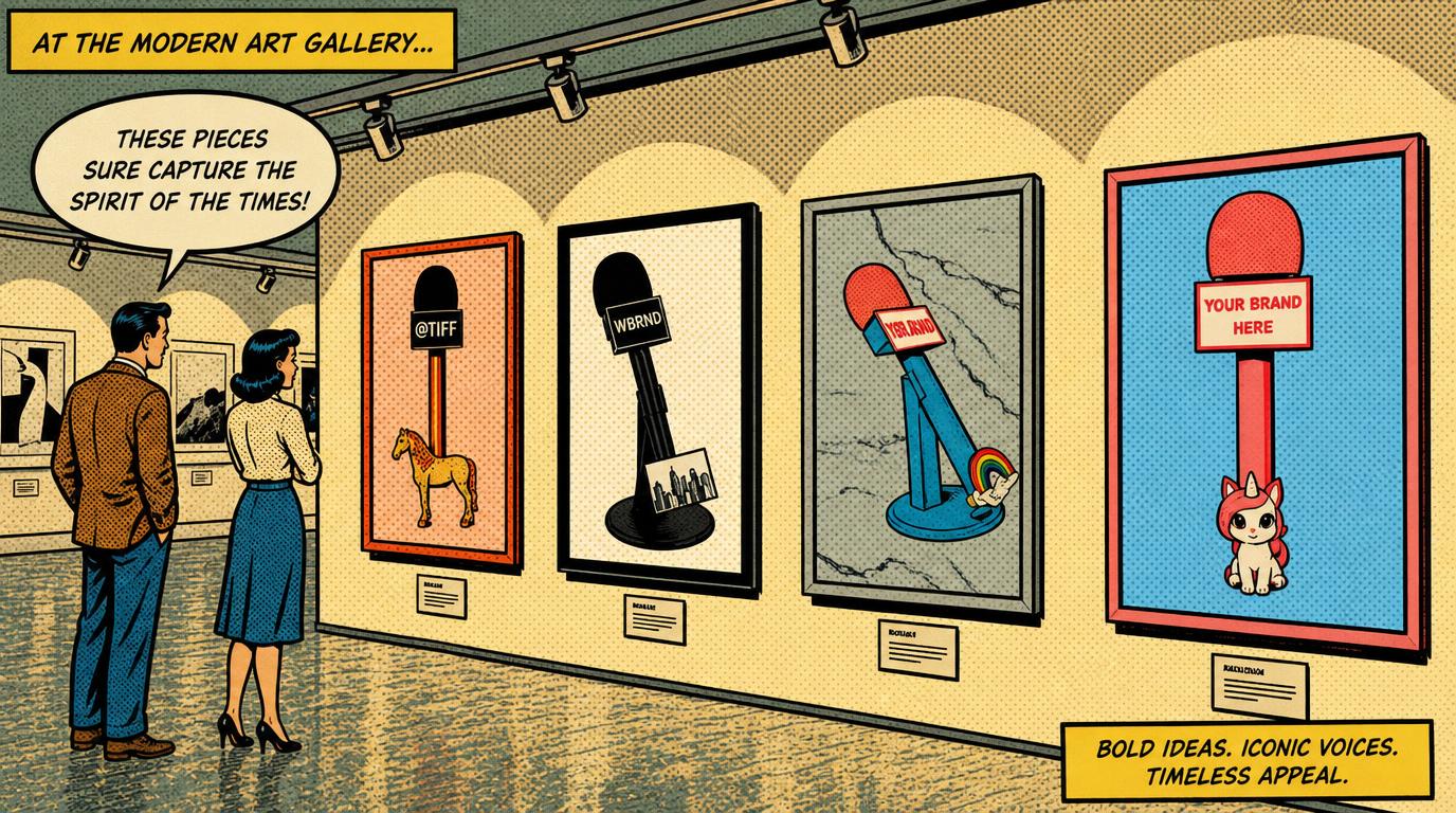 A big hero graphic of an art gallery. The picture is comic book style and has big paintings on the walls of the gallery. The paintings are images of Influencer Handle designs. Two people are admiring the paintings.