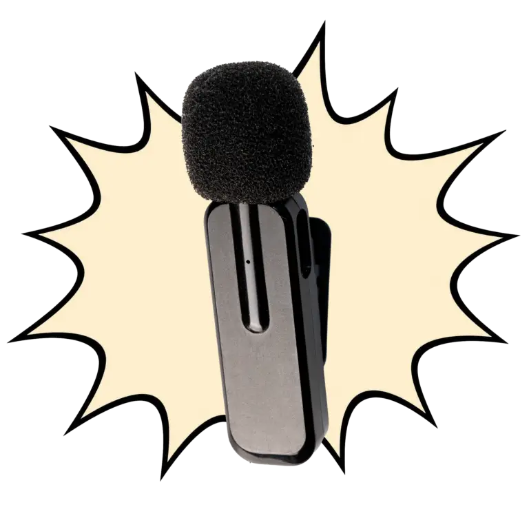 A picture of a generic wireless mic with a big beige splash graphic behind it.