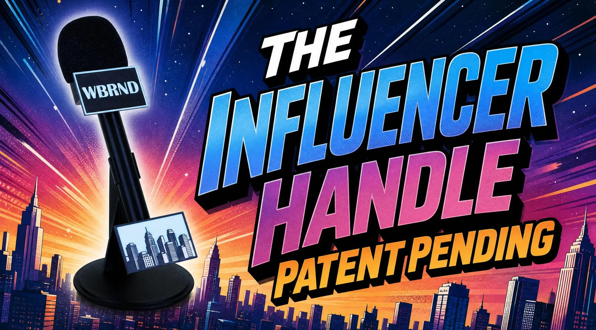This is the hero image for the website. It depicts a black colored version of the product with blue and white branding plates. one of the plates says WBRND and the other shows an image of a city skyline. The words, "The Influencer Handle Patent Pending are written in brightly colored letters that remsemble a comic book stlye font. In the background of the image is a cityscape with a sunset on the horizon.