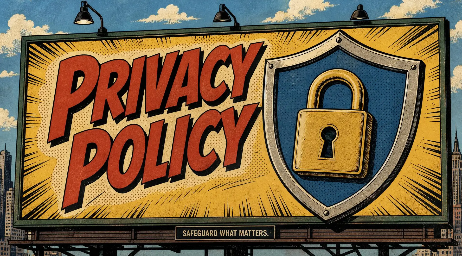 A big hero image that resemble a roadside billboard. The bill board has the image of a padlock on a blue shield. The words on the billboard read, "Privacy Policy"
