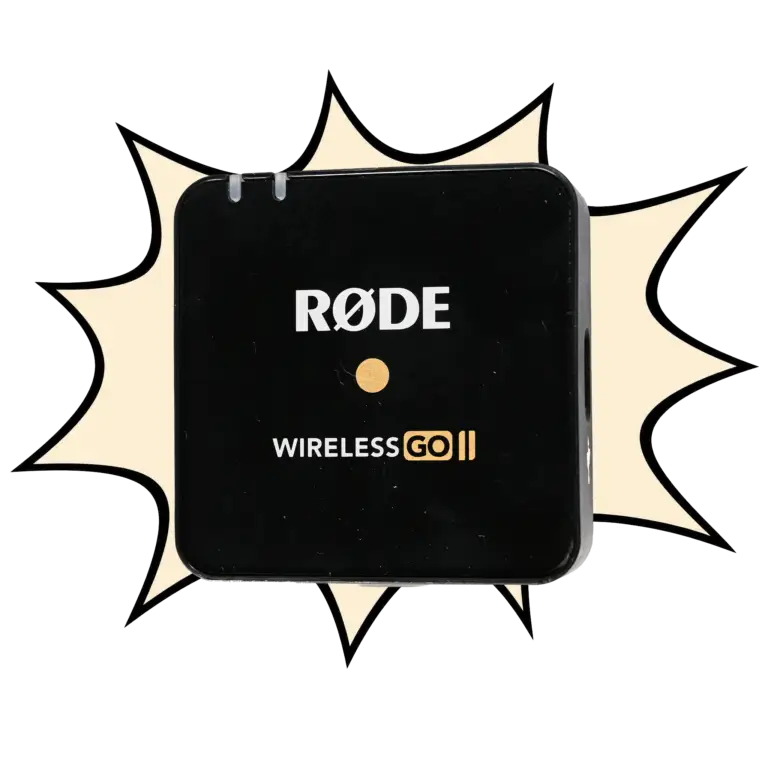 A picture of the RODE GO II wireless mic with a big beige splash graphic behind it.
