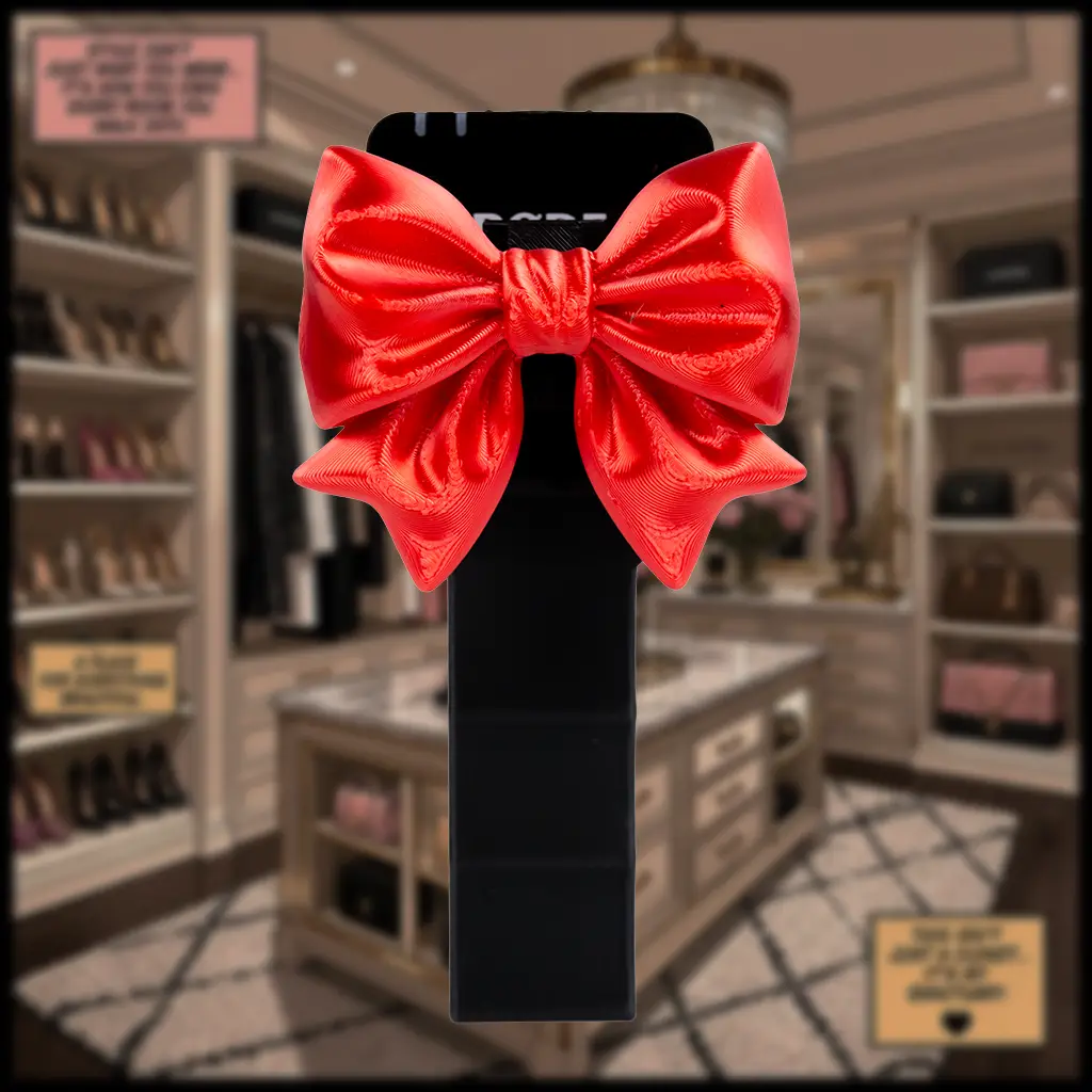 An image of the mini handle with a red bow on it. The background of the image is a slightly blurred scene of the inside of a luxury woman's closet.