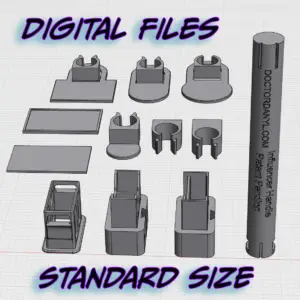 An image of CAD files traced in grey. Blue writing on the image says, "Digital Files Standard Size"