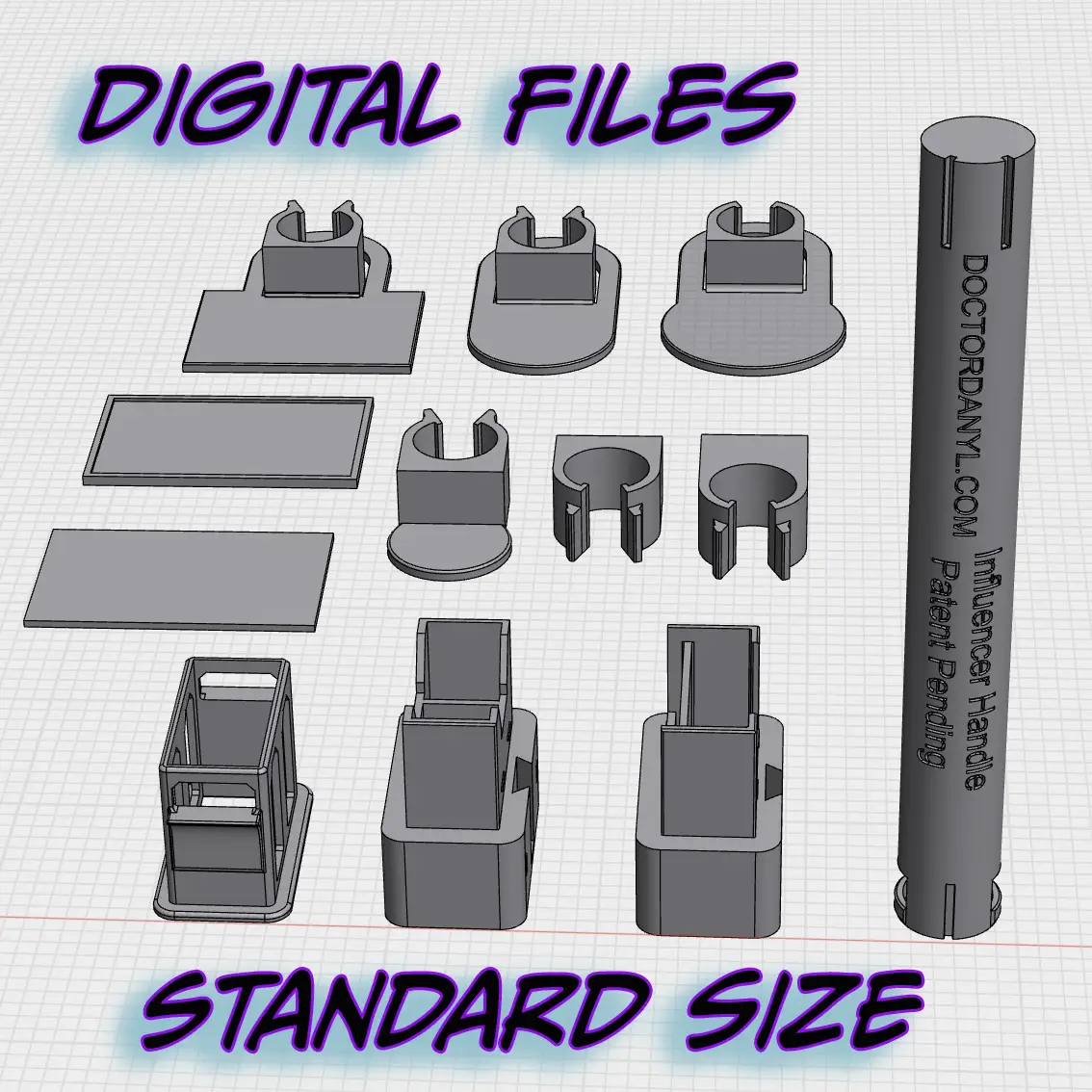 An image of CAD files traced in grey. Blue writing on the image says, "Digital Files Standard Size"
