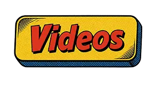 A rectangle with yellow background and blue trim that has words in red lettering that reads, "Videos"