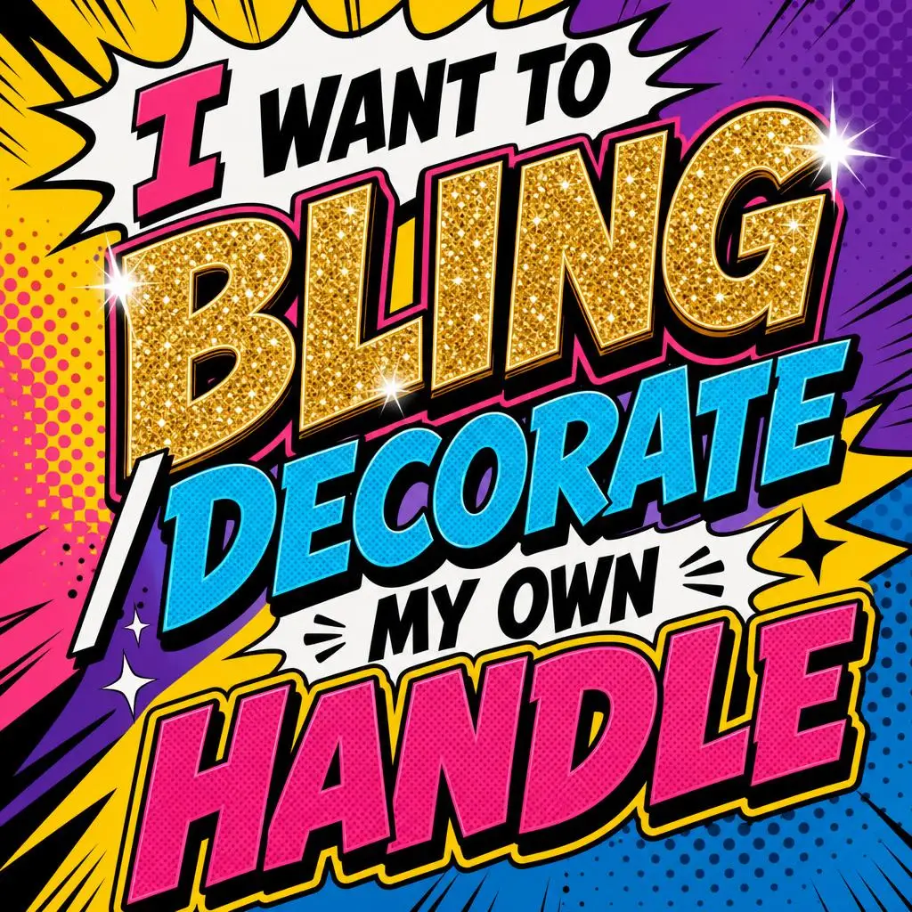 An image in big colorful lettering of pink, blue, black and gold. The words, "I want to bling/decorate my own handle" are shown. The word,"bling" is in shiny gold and diamond glitter.