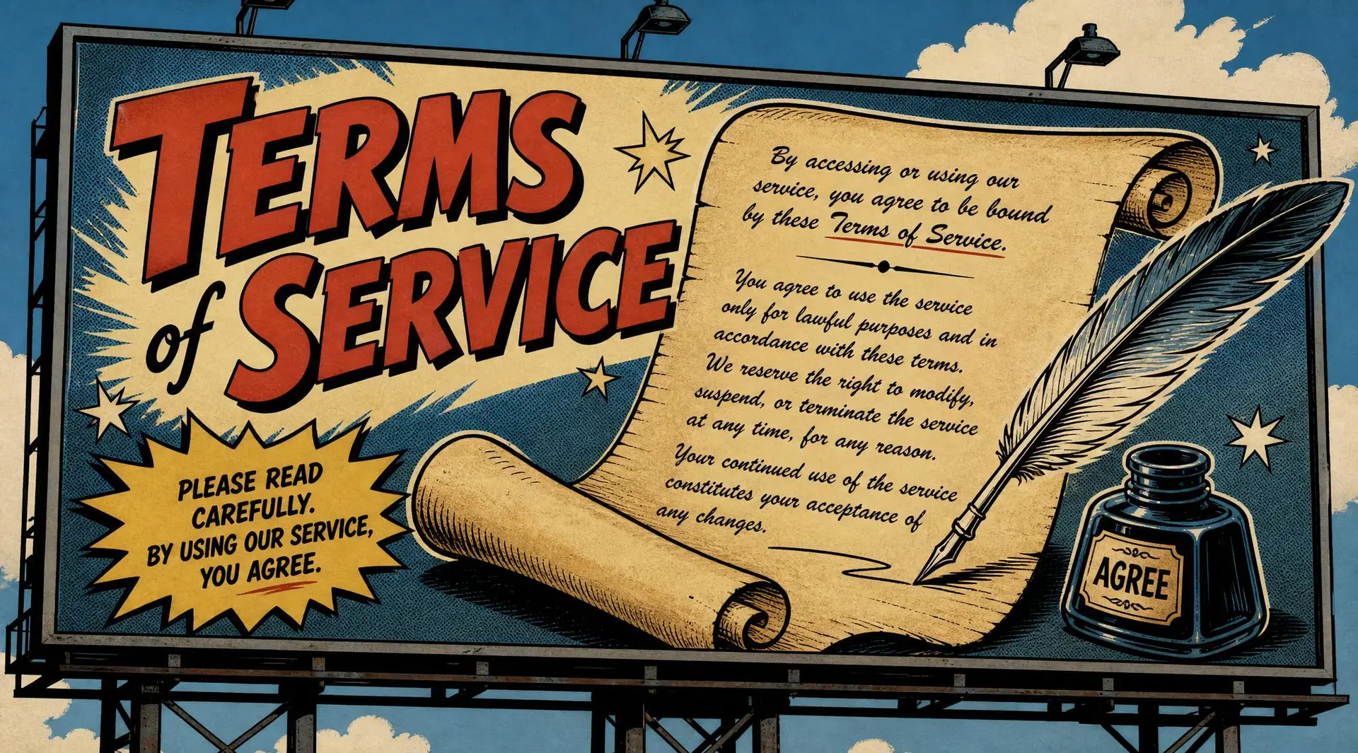 A big hero image that resemble a roadside billboard. The bill board has the image of a parchment scroll with an agreement form on it. There is a ink quill signing it. The words on the billboard read, "Terms of Service"
