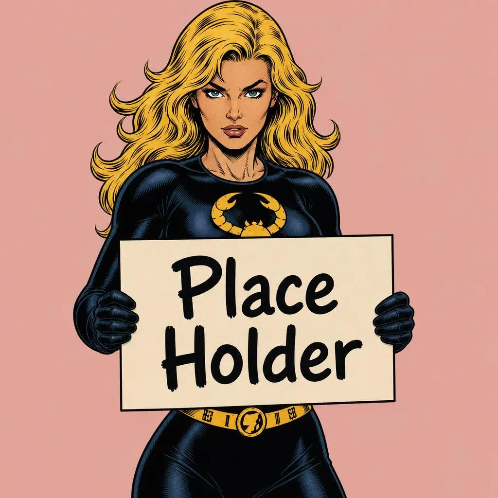 An image of our superhero Scorpion holding a sign that reads, "Place Holder"