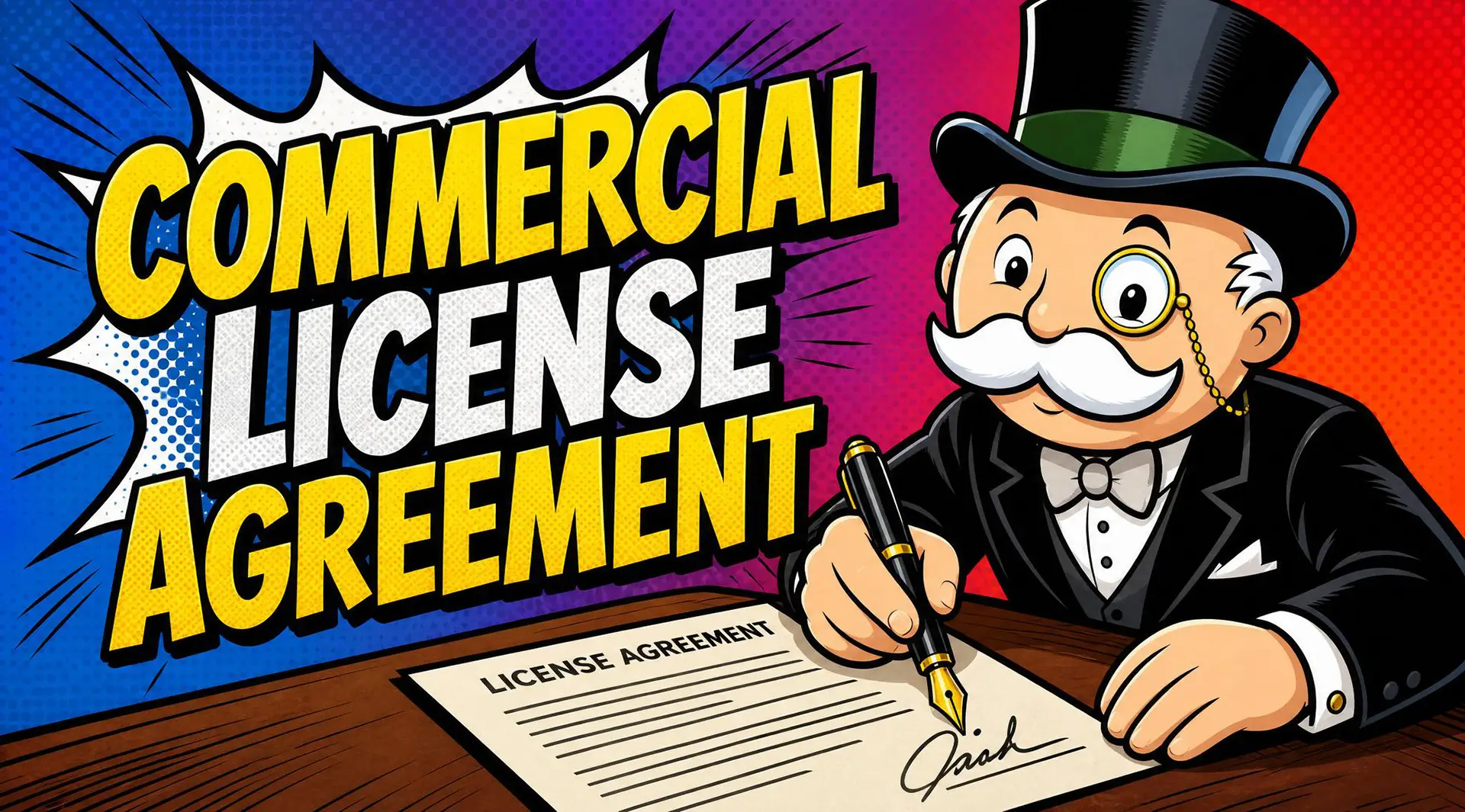This is a big hero graphic with a dignified looking comicbook character wearing a monical sitting at a desk and signing an agreement form. Words beside him read, "Commercial license agreement"