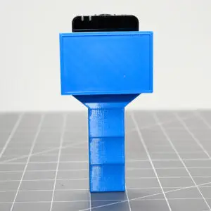 A blue mini sized handle with a bradning plate attached