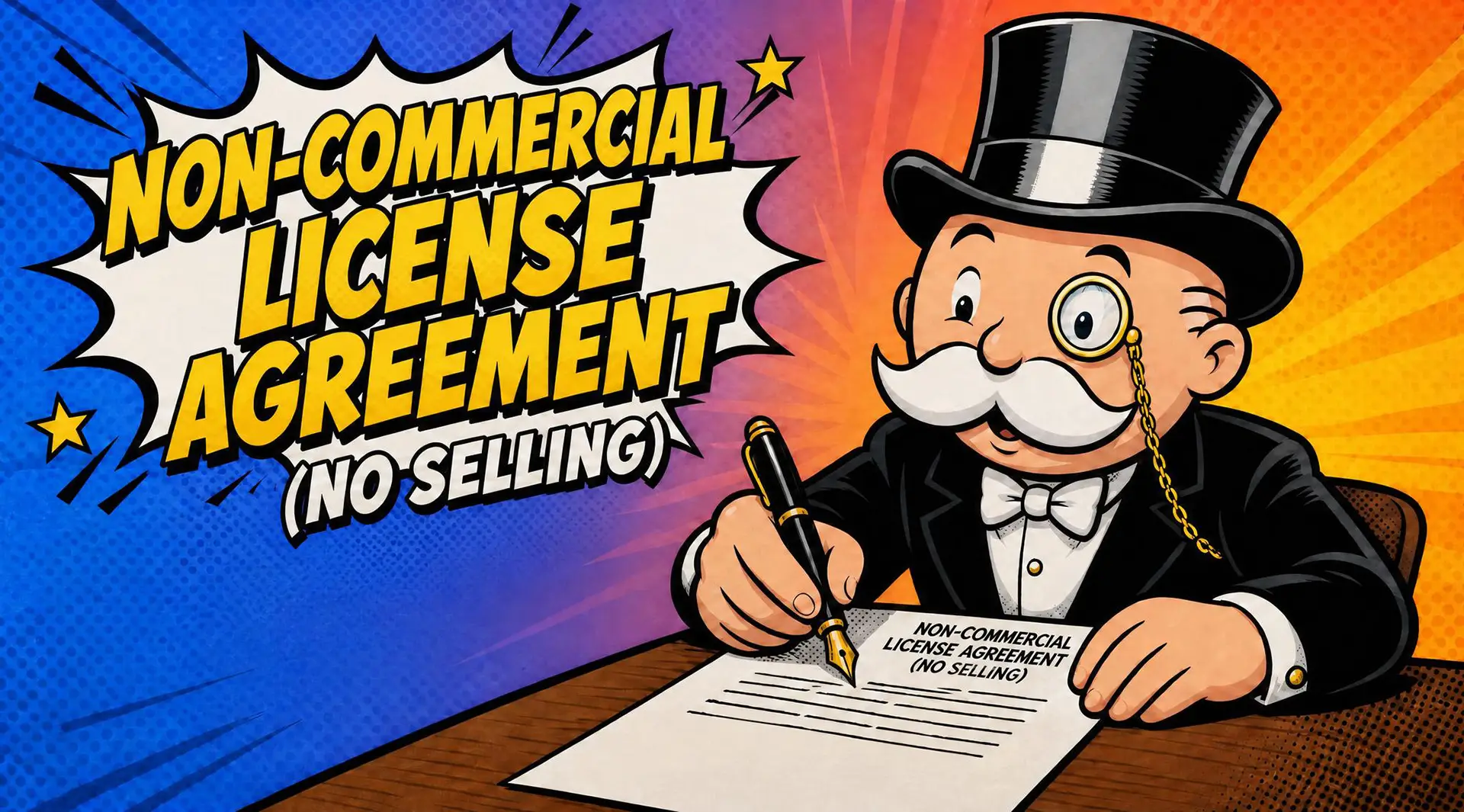 This is a big hero graphic with a dignified looking comicbook character wearing a monical sitting at a desk and signing an agreement form. Words beside him read, "Non-commercial license agreement (no selling)"