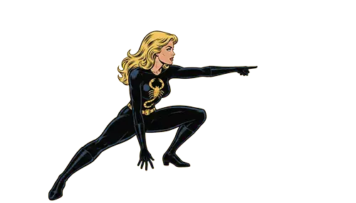 Our superhero Scoprion in her black costume pointing to the right of the screen