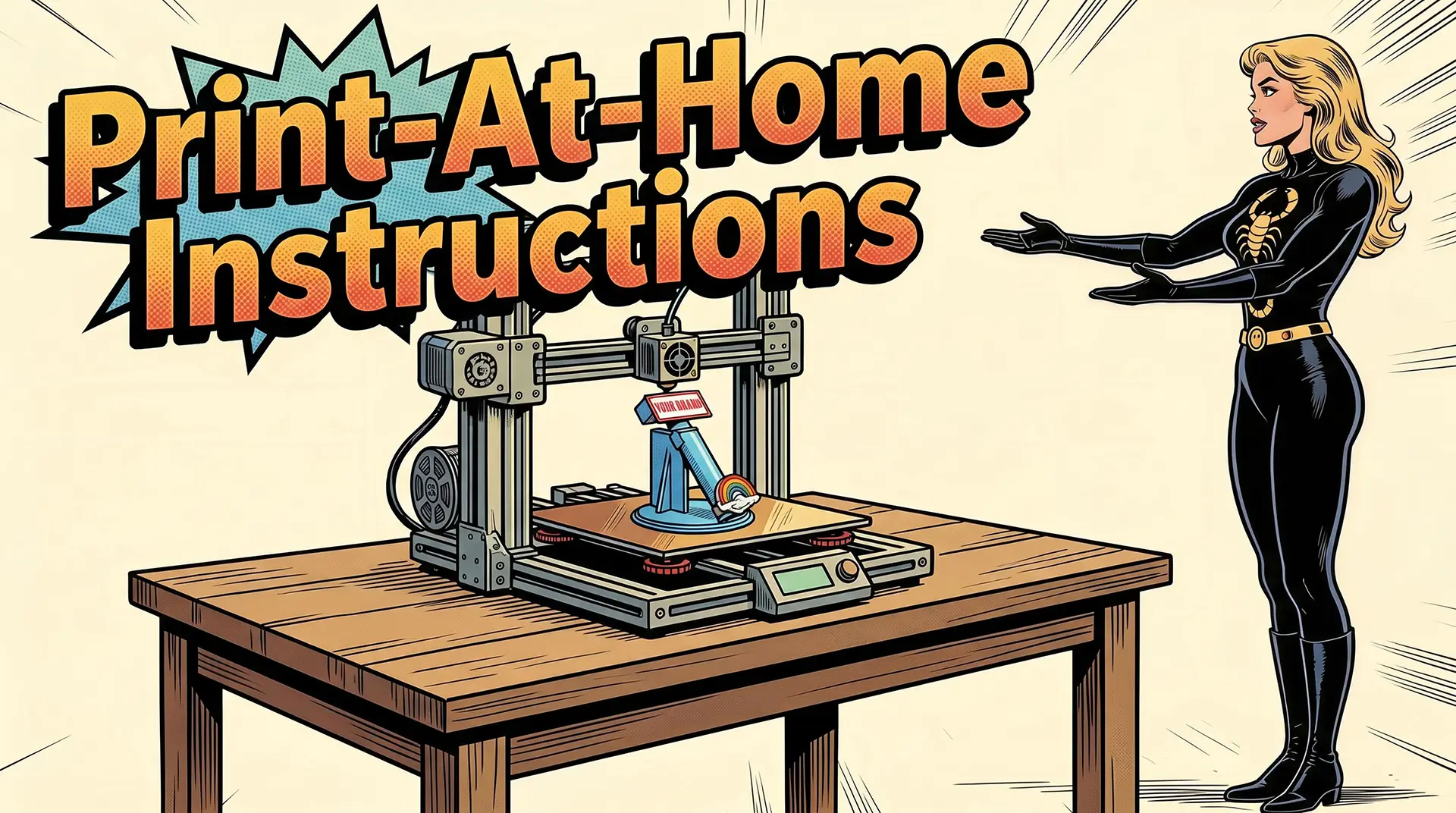 Our female superhero Scorpion is seen pointing at a table with a 3D printer on it. The printer is printing a handle. Words floating above the printer read, "Print-At-Home Instructions.