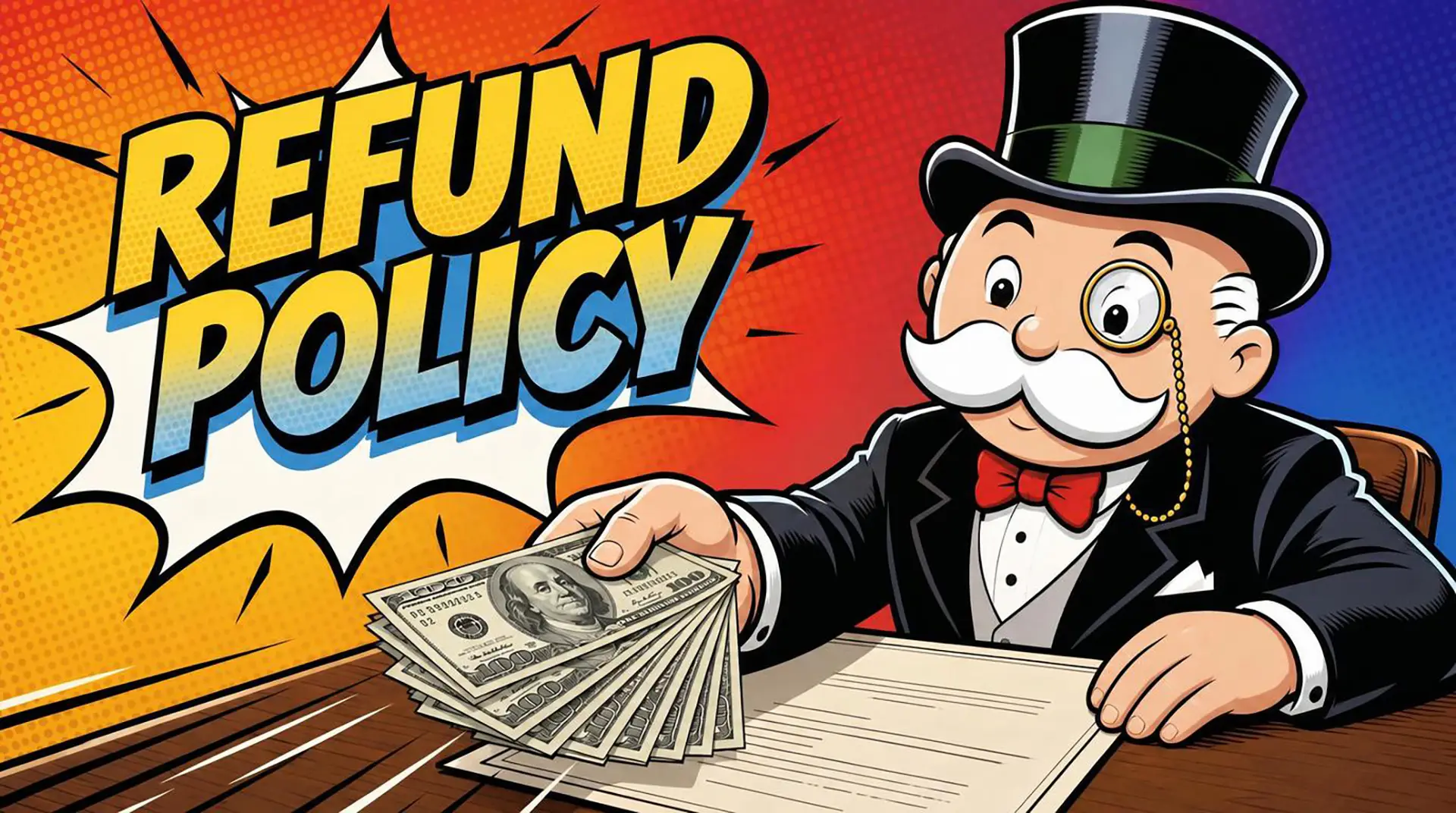 This is a big hero graphic with a dignified looking comicbook character wearing a monical sitting at a desk and handing out money. Words beside him read, "Refund Policy"