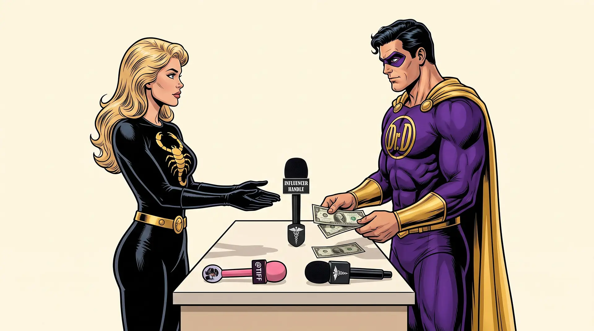 Superhero Scorpion is selling a Influencer Handle to Dr. Danyl (also a superhero)