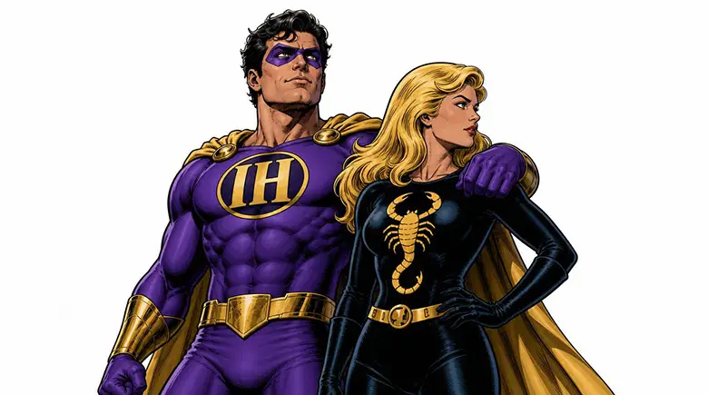 Here we see our two favorite superheros Scorpion and Dr. Danyl standing next to each other. Dr. Danyl has his left arm around Scorpion. She is looking discriminatingly to her left as though she is watching an event tak place. Dr. Danyl is looking boldly to the sky.